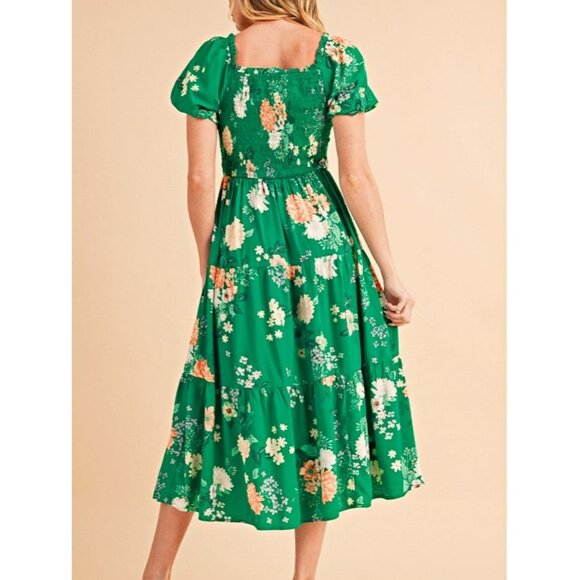 Green Floral Smocked Puff Sleeve Midi Dress For Women - Picture 2 of 12